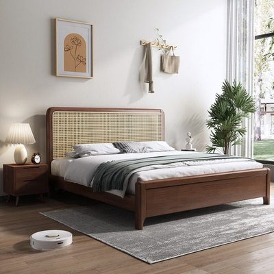 胡桃色全实木藤编床1.35米床2米x2米大床复古民宿中古风侘寂风床