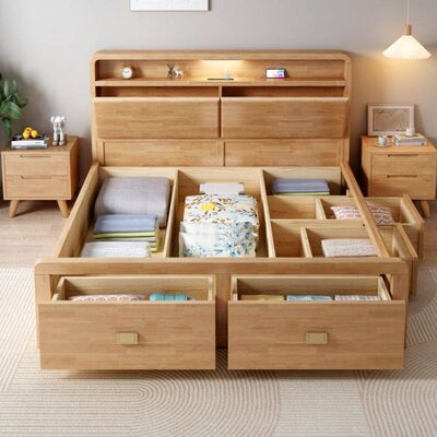 橡胶木实木床1.5高箱抽屉箱框储物床1.8现代简约双人双人床气压