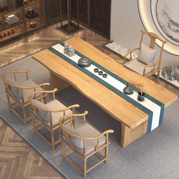 新中式泡茶桌椅组合实木大板茶桌原木色茶桌客厅家用泡茶桌椅茶几