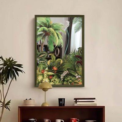 小清新绿意绿植镜子画中古百搭场景装饰画餐厅玄关走廊氛围感挂画