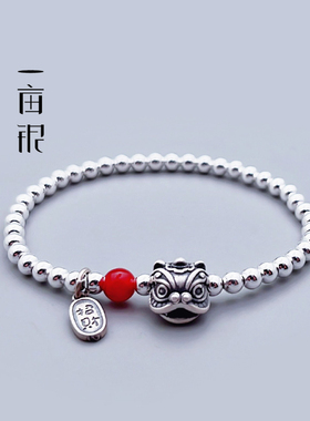 S925纯银舞狮子复古做旧串珠手链