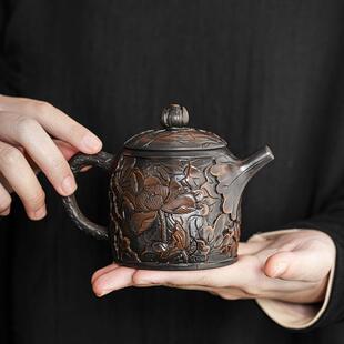 紫陶茶壶大容量单壶纯手工功夫茶具陶瓷家用泡茶壶浮雕复古泡茶器