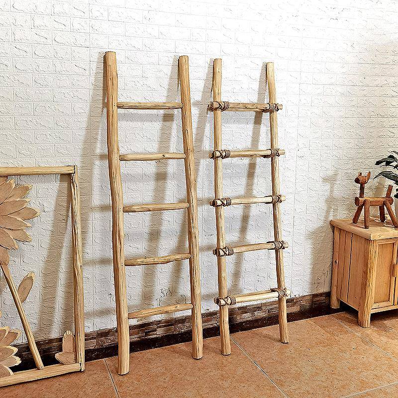 创意仿古麻绳天然实木梯子装饰品摆件原木风格民宿梯形书架衣帽架