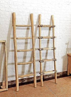 创意仿古麻绳天然实木梯子装饰品摆件原木风格民宿梯形书架衣帽架