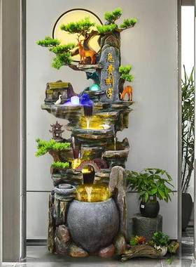 大型落地假山流水喷泉摆件客厅生财风水轮加湿器高山循环水景装饰