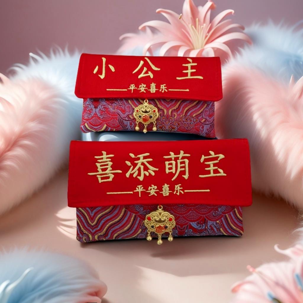 爆款满月锦缎万布艺红包宝宝生日快乐一周岁刺绣长绳红包袋利是封