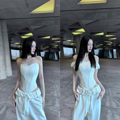BETTER ME 白色性感立体鱼骨束身抹胸修身背心显瘦内搭露肩上衣