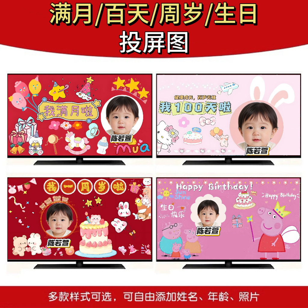 宝宝周岁满月百天生日宴大屏图