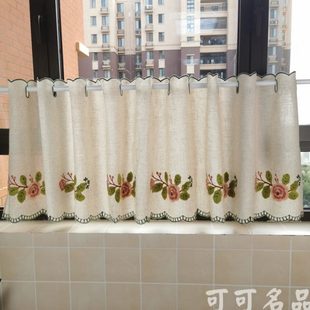 棉麻半帘厨房小窗帘飘窗短帘阳台半遮光厚纱遮丑帘免打孔绣花田园