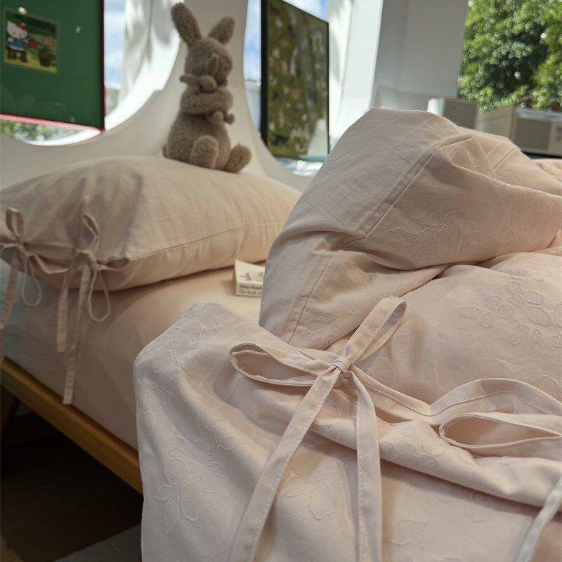 100支长绒棉提花少女心粉嫩四件套1.D5m1.8米全棉床单被套裸睡丝