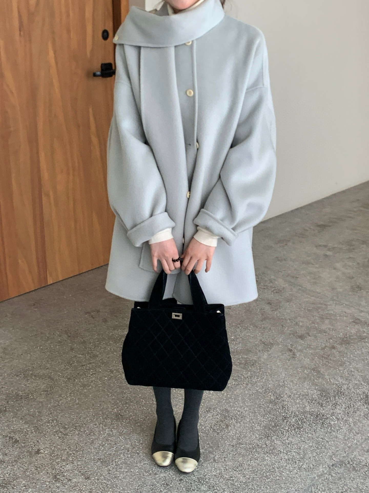 非真实价格：韩国Chic韩系休闲简约百搭围巾领双面羊绒大衣外套