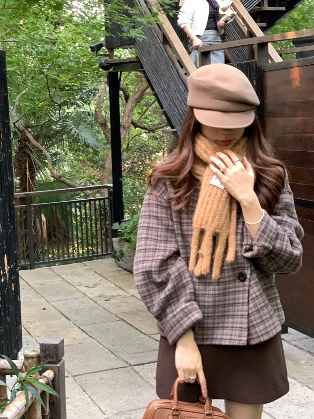 非真实价格：韩国Chic 韩系休闲简约百搭格子羊绒大衣外套