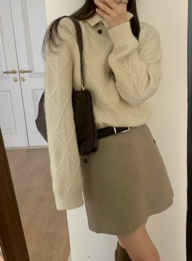 非真实价格：韩国Chic韩系休闲简约百搭翻领麻花针织衫羊毛毛衣