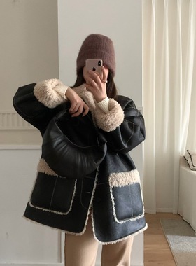 非真实价格：韩国Chic韩系休闲简约百搭翻领羊羔毛正反两穿外套