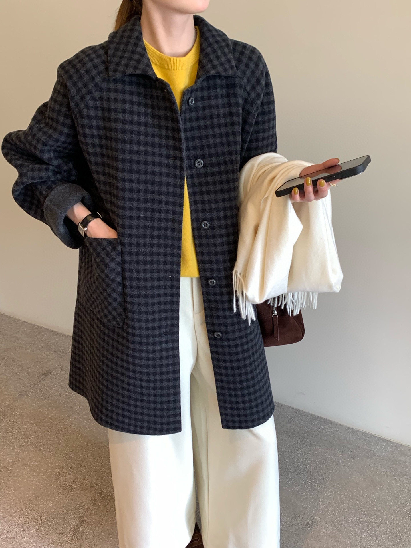非真实价格：韩国Chic 韩系休闲简约百搭格子双面羊绒大衣外套