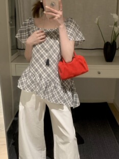 非真实价格：韩国Chic气质温柔小女人格子短袖上衣