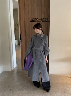 非真实价格：韩国Chic韩系简约百搭显瘦立领双面羊绒大衣外套女