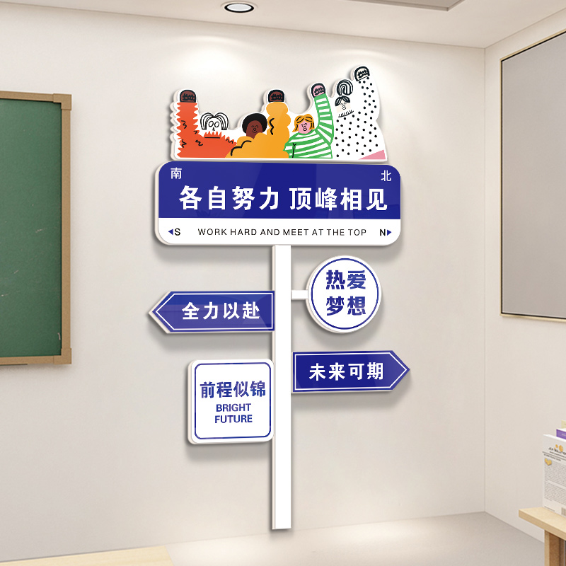 创意路牌励志标语中考班级装饰文化墙贴教室布R置黑板上面挂画高