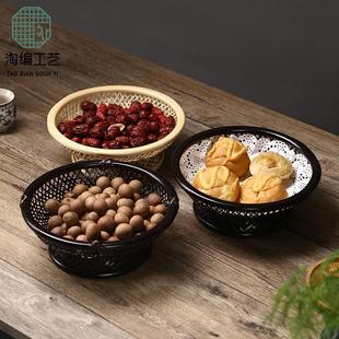 复古竹编水果篮大号圆形干果零食盘家居茶几收纳筐精编高脚茶点盘