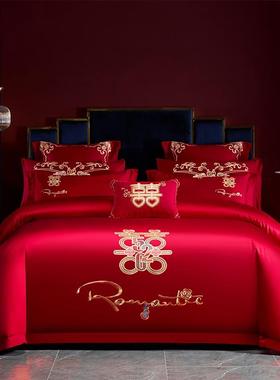 雅鹿家纺刺绣纯棉床上用品大红色全棉被套婚庆四件套结婚房床单