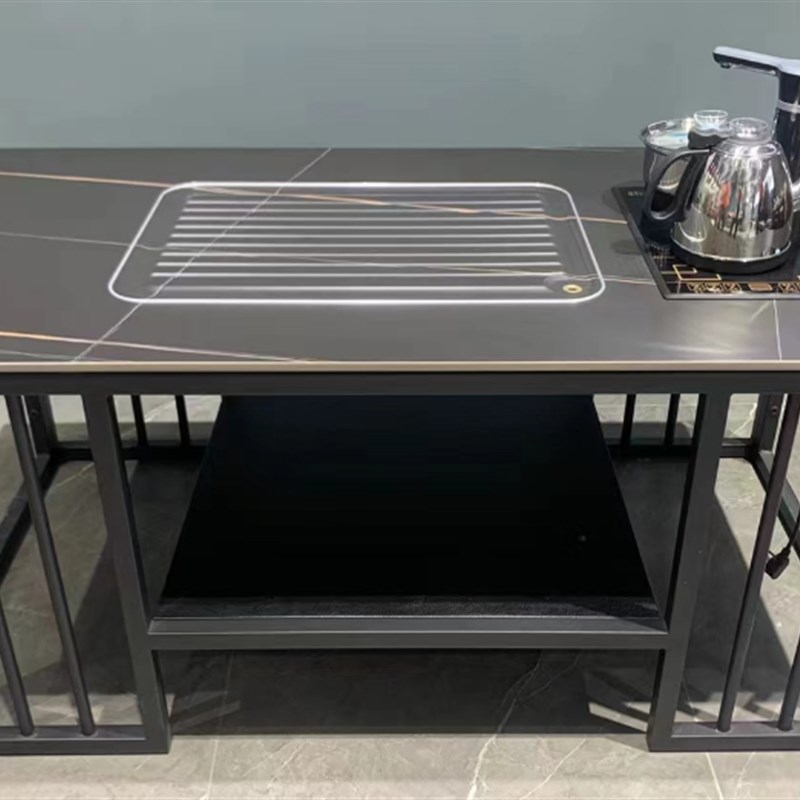 岩板火烧石钢架茶几茶台办公室泡茶桌现代简约玻璃茶台沙发小茶几