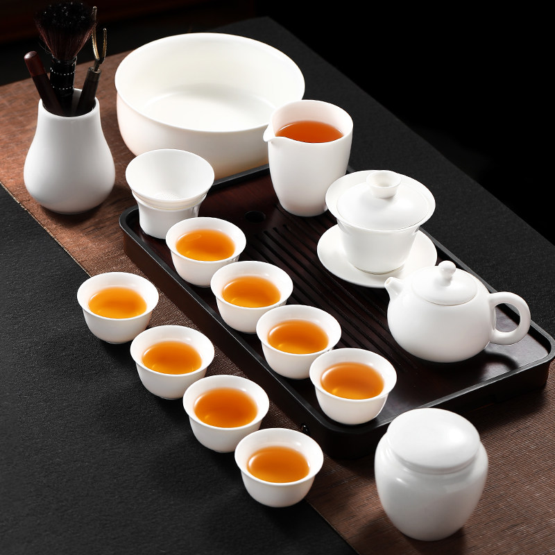 简约茶具套装家用小套功夫茶具整套冰白羊M脂玉盖碗功夫茶茶碗茶