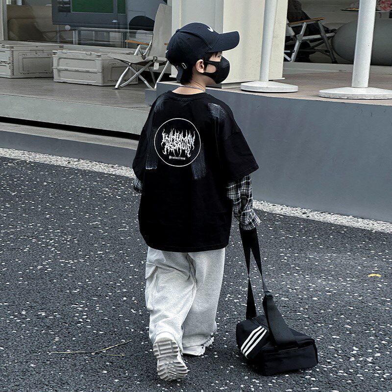 男童套装春秋款2024新款帅气时髦儿童秋季假两件T恤长裤两件套潮