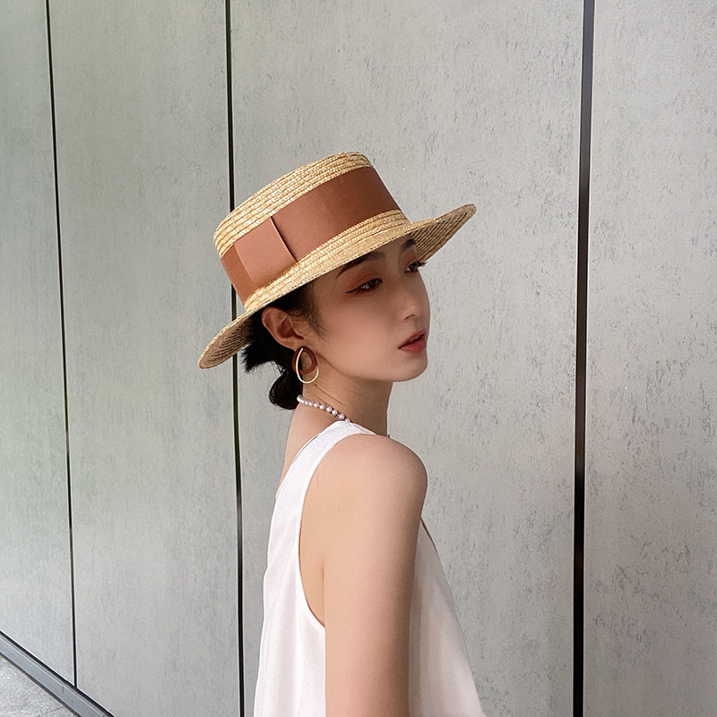 INS网红平顶女式草帽r时尚韩版潮防晒遮阳海边出游沙滩帽英伦礼帽