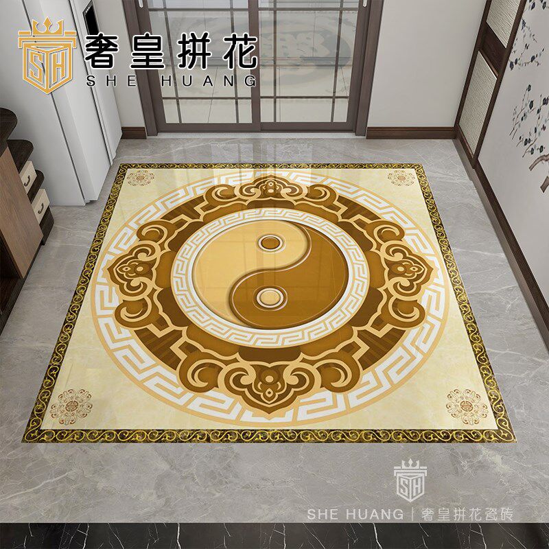 中式别墅门厅太极八卦图拼花地砖微晶石入户玄关客厅拼花瓷砖定制