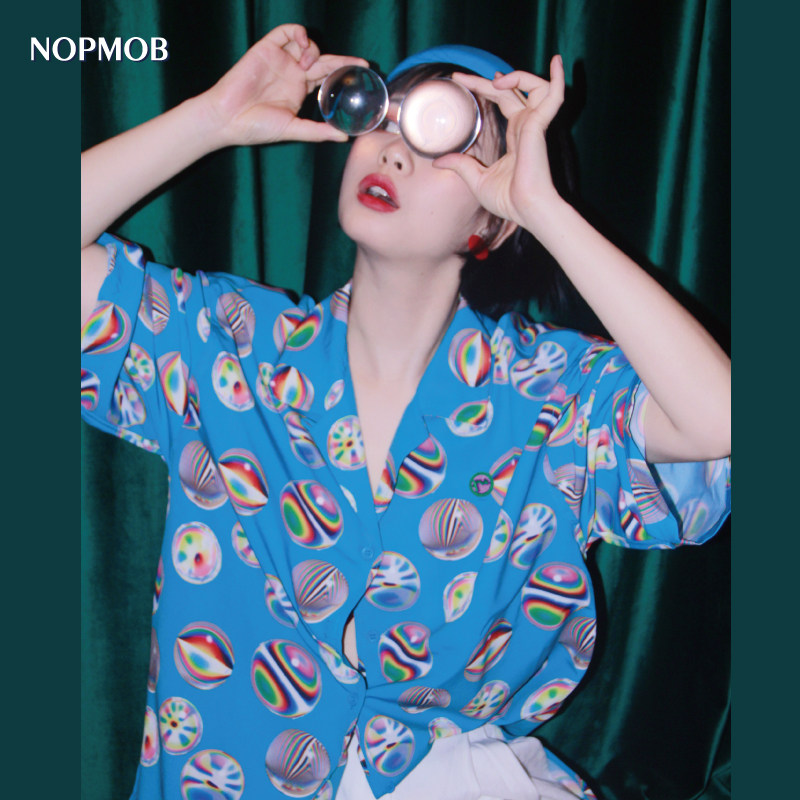 NOPMOB 肥皂泡沫奇趣弹珠泡泡蓝绿色波J点宽松慵懒衬衫21夏季新款