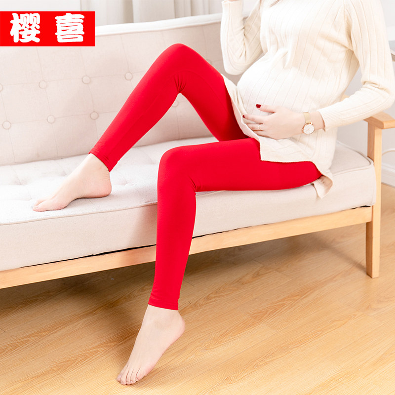 春秋薄款大红色j棉孕妇裤九分裤宽松托腹外穿新娘结婚打底裤大码