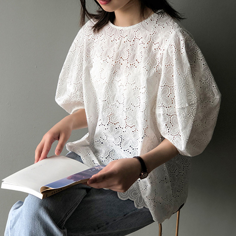 宽松蕾丝衫秋冬新款韩版甜美洋y气小衫白色超仙娃娃衫泡泡袖衬衫