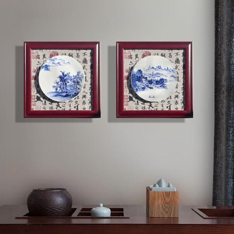 中式陶瓷盘木框画墙壁装饰房间墙上挂画玄着客厅墙面挂件立体挂墙