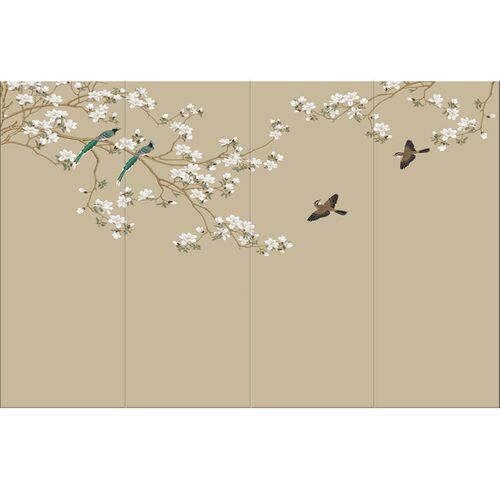 新中式手绘花鸟硬包电视背景墙客厅沙发卧室床头酒店刺绣壁画硬包