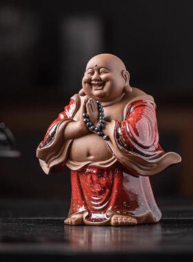 中式禅意紫砂弥勒佛陶瓷摆件家居客厅茶室博古架大肚笑佛装饰佛像