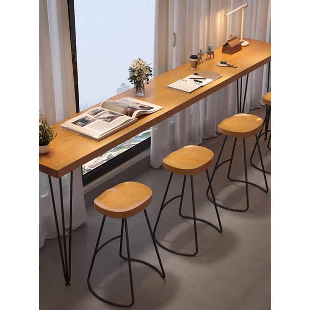 实木吧台桌家用阳台靠窗靠墙长条窄桌奶茶店酒吧高脚桌椅组合商用