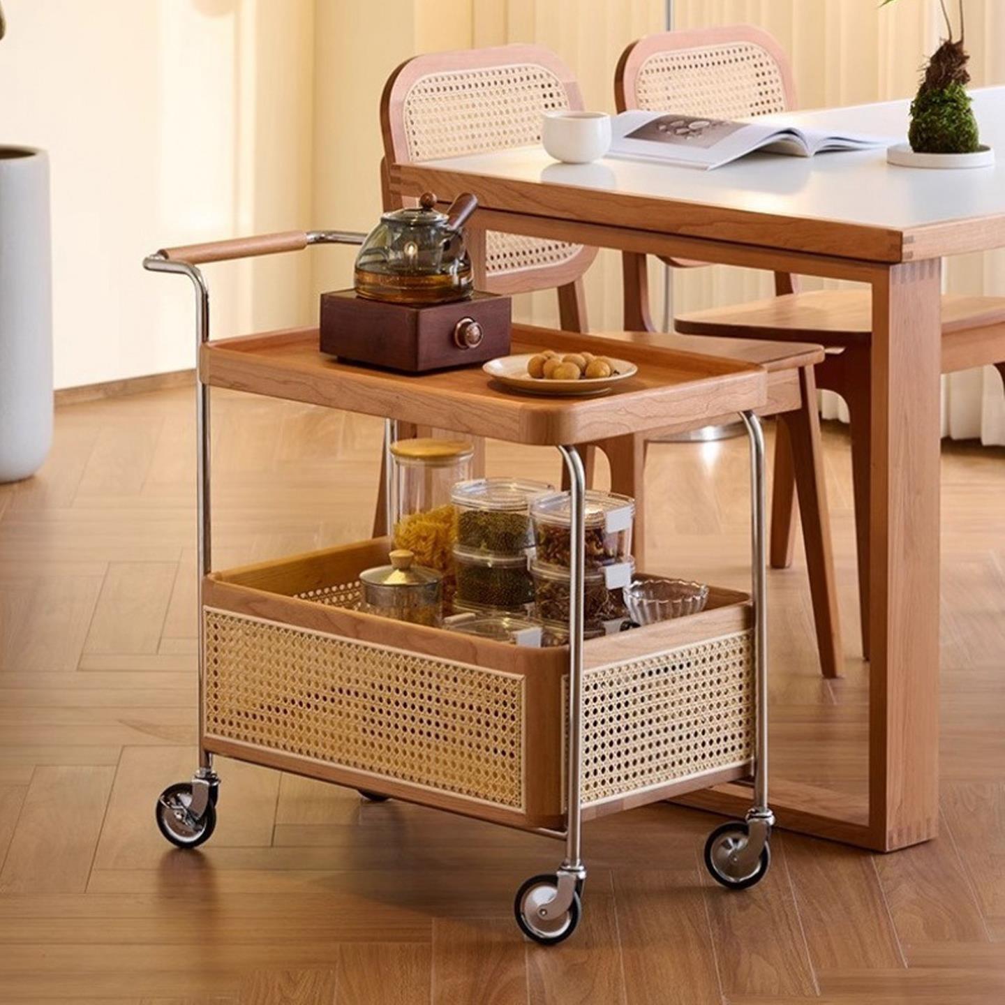 实木移动带轮边几不锈钢收纳中古小推车客厅储物藤编置物简约茶几