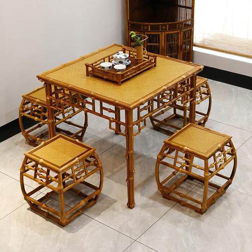 手工筇竹席面 面茶桌竹椅中式家俱筇竹本色书桌茶室茶空间茶桌椅