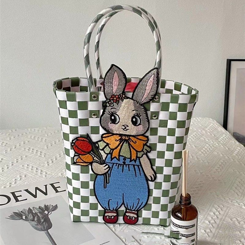 赫盛绿白格小兔刺绣重工手工编织包 少女小清新文艺菜篮子 大容量,箱包皮具/热销女包/男包,托特包,淘宝优惠券,粉丝福利购,淘宝优惠卷