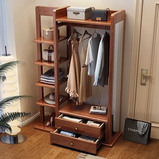 实木衣帽架落地卧室简易挂衣架穿衣镜一体简约家用多功能置物架子