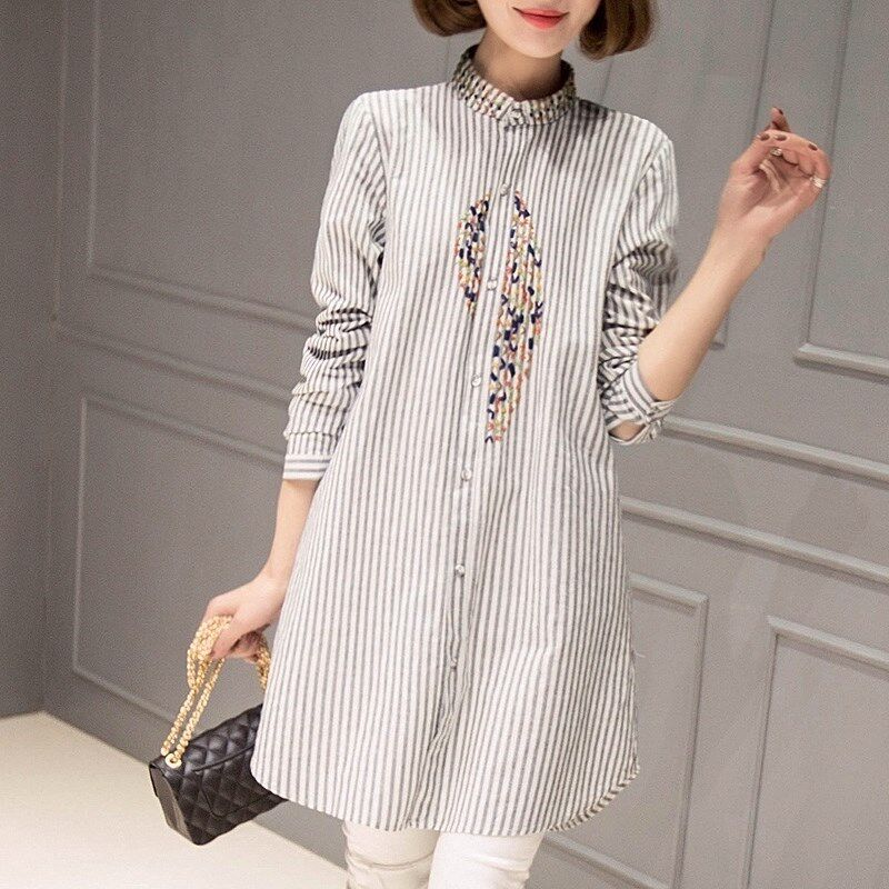 竖条纹衬衫女长袖中长款春秋装x新款宽松衬衫裙韩版刺绣衬衣2025