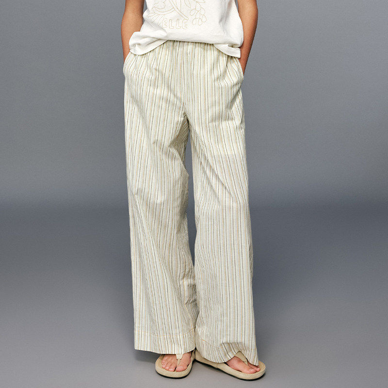 minikids童装 全棉彩条休闲长裤女童夏季新款法式度假风直筒裤子