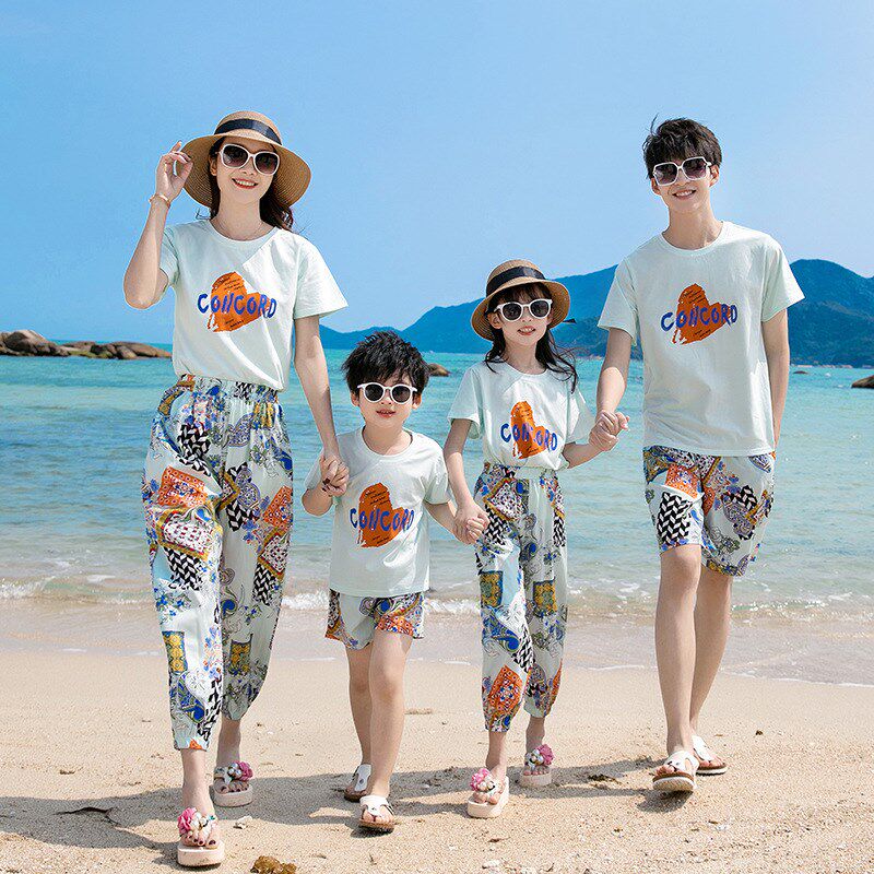 普吉岛海边旅游亲子装夏装马尔代夫沙滩度假母女九分裤套装家庭装