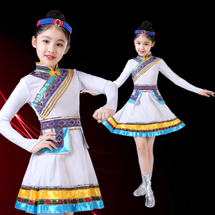 蒙族筷子舞出服装蒙古儿童表演服饰顶碗筷子舞女白色短款裙袍新品