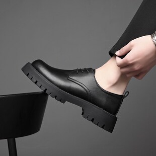 圆头皮鞋男款高级感英伦风正装商务厚底休闲鞋大头黑色马丁靴
