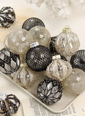 8cm黑色透明彩绘圣诞球造型球圣诞树装饰挂件吊饰场景布置套盒装