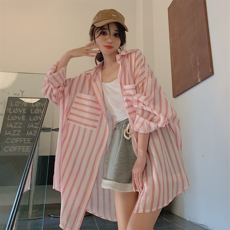 大码宽松条纹衬衫l女韩版薄款通勤宽松显瘦BF风设计感小众防晒衬