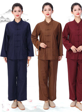 海青居士服僧衣女男款咖啡色海清禅修服套K装春夏四季款酒红色大