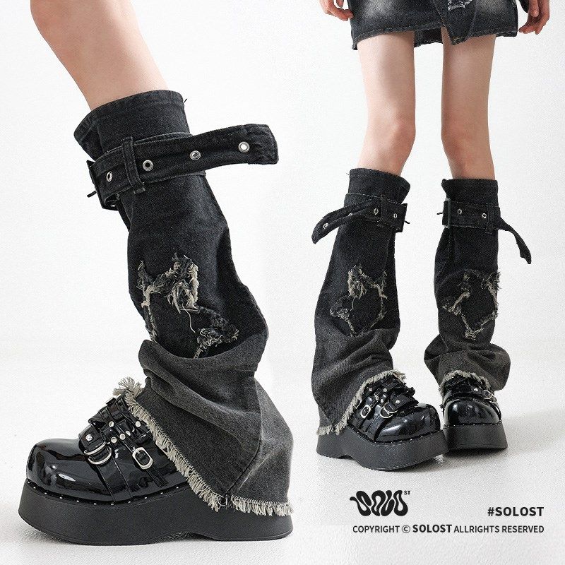 Solost y2k腿套灰色牛仔微喇显瘦亚文化辣妹朋克夏季亚比绑带袜套