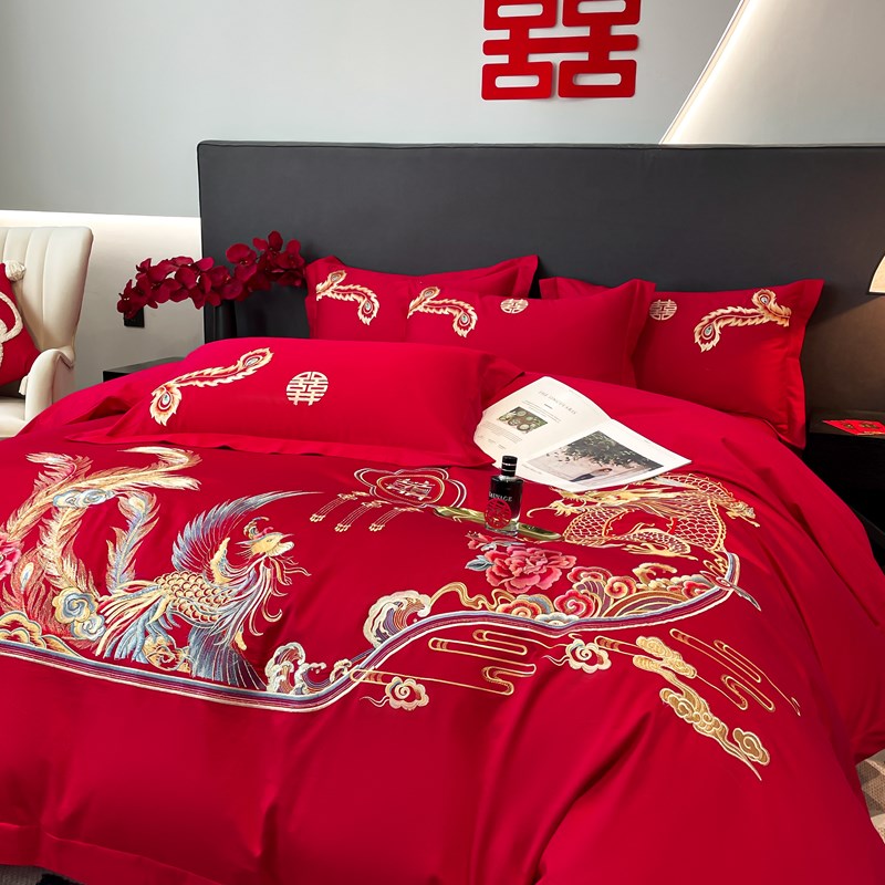 婚庆四件套大红全棉中式龙凤刺绣被套新结婚房嫁礼床上用品床单笠